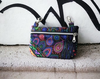 Psychedelic hipbag multicolored patterns, UV blacklight, carabiner belt bag, rave party fanny pack