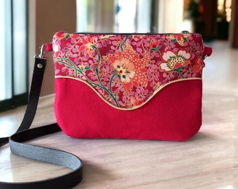 Red suede Pils bag, Japanese fabric with pink, red, orange, green and gold flowers, removable leather shoulder strap