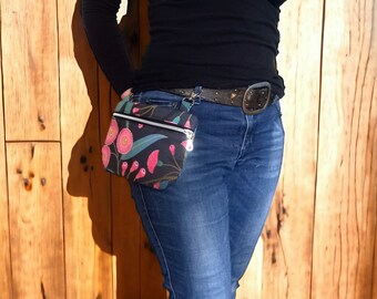 Bird and eucalyptus flower hip bag, carabiner belt bag, fanny pack