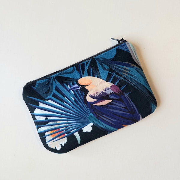 Trousse maquillage velours violet bleu pétrole oiseau