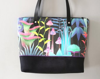 Small psychedelic bag, tropical bag, luminescent flowers and leaves, leather handles