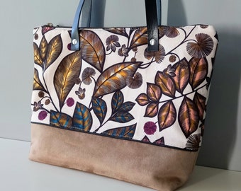 Small tote Autumn colours, bright flowers and leaves beige, purple, blue, yellow, suede icy brown, leather handles