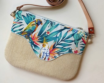 Pils Collection bag, tropical fabric and canvas, Cockatoo parrot, leather shoulder strap