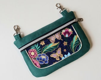 Green suede hipbag, gold floral fabric and colors, carabiner belt bag, fanny pack