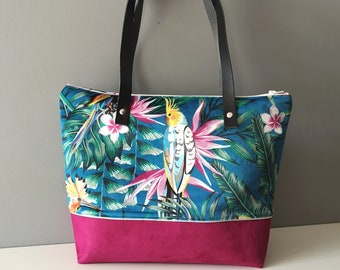 Small tote Velvet tropical parrots, leather handles