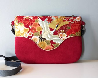 Red suede Pils bag, Japanese gold tsuru crane fabric and flowers, leather shoulder strap