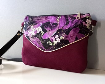 Small plum suede bag, Japanese purple and gold Koi carp fabric, leather shoulder strap