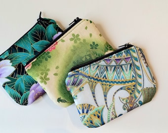 Green bi-material wallet in suede, Japanese floral and gold fabrics