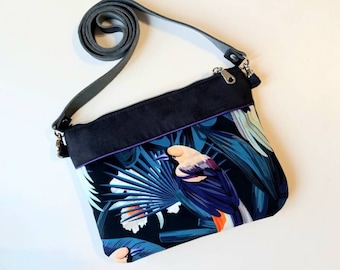 Small velvet shoulder bag with blue purple orange bird print, black suede, removable leather shoulder strap