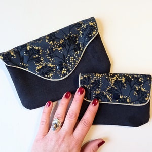 Duo of black pouches, suede and gold floral fabric image 8
