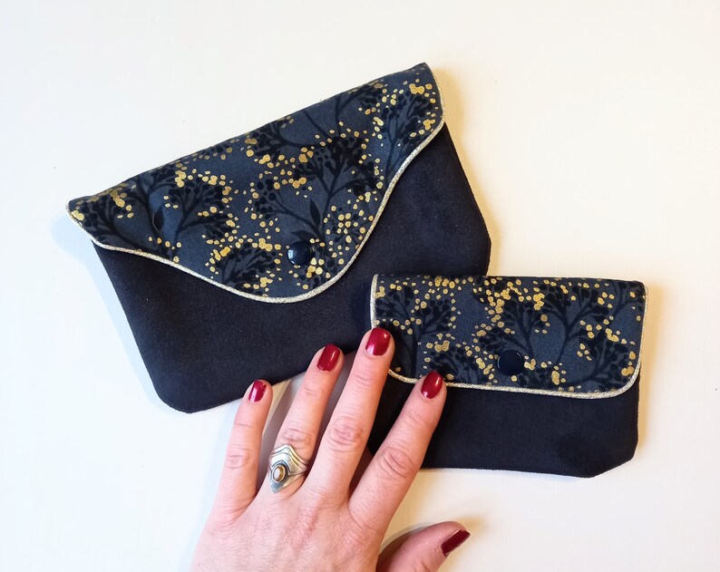 Duo of black pouches, suede and gold floral fabric image 8