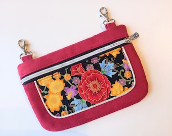 Red suede hip bag, Japanese fabric with gold flowers, carabiner belt bag, fanny pack