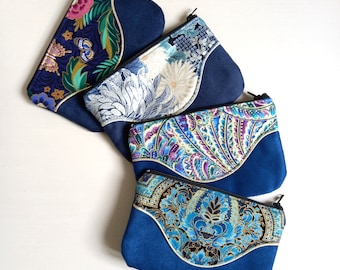 Royal blue or midnight blue Pils case in suede, gold or silver Japanese cotton, flowers, butterflies and arabesques