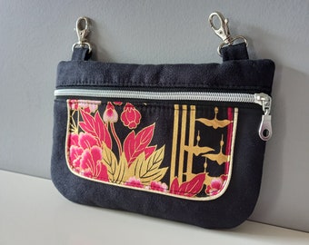 Black suede hip bag, gold leaves and pink flowers, carabiner belt bag, fanny pack