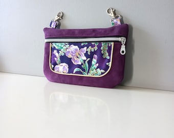 Hip bag cuir velours violet, fleur iris mauve et or, sac ceinture mousqueton, sac banane