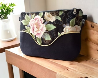 Black suede Pils bag, Japanese fabric with pink, green and gold flowers, removable leather shoulder strap