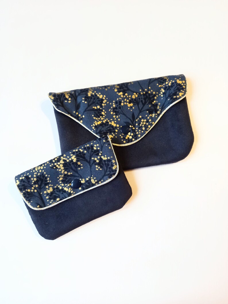 Duo of black pouches, suede and gold floral fabric image 1