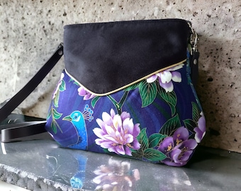 Round black pear bag and fine blue cotton with flowers and peacock, leather shoulder strap