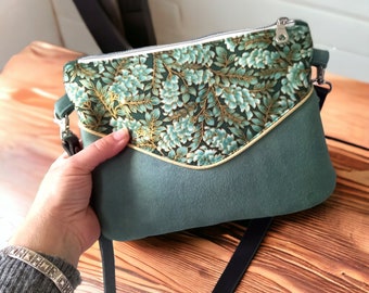 Small water green shoulder bag, gold flowers, leather strap