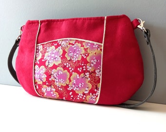 Small red La Neauphléenne bag, single leather handle, Japanese fabric, gold sakura cherry blossoms
