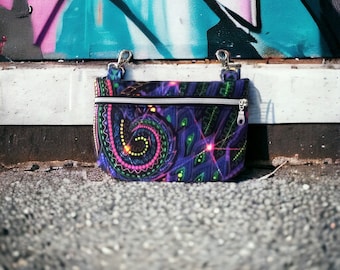 Psychedelic hipbag multicolored patterns, UV blacklight, carabiner belt bag, rave party fanny pack