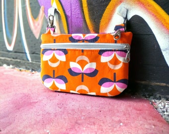 Vintage orange and flower hip bag, carabiner belt bag, fanny pack