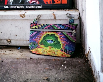 Psychedelic hipbag multicolored patterns, UV blacklight, carabiner belt bag, rave party fanny pack