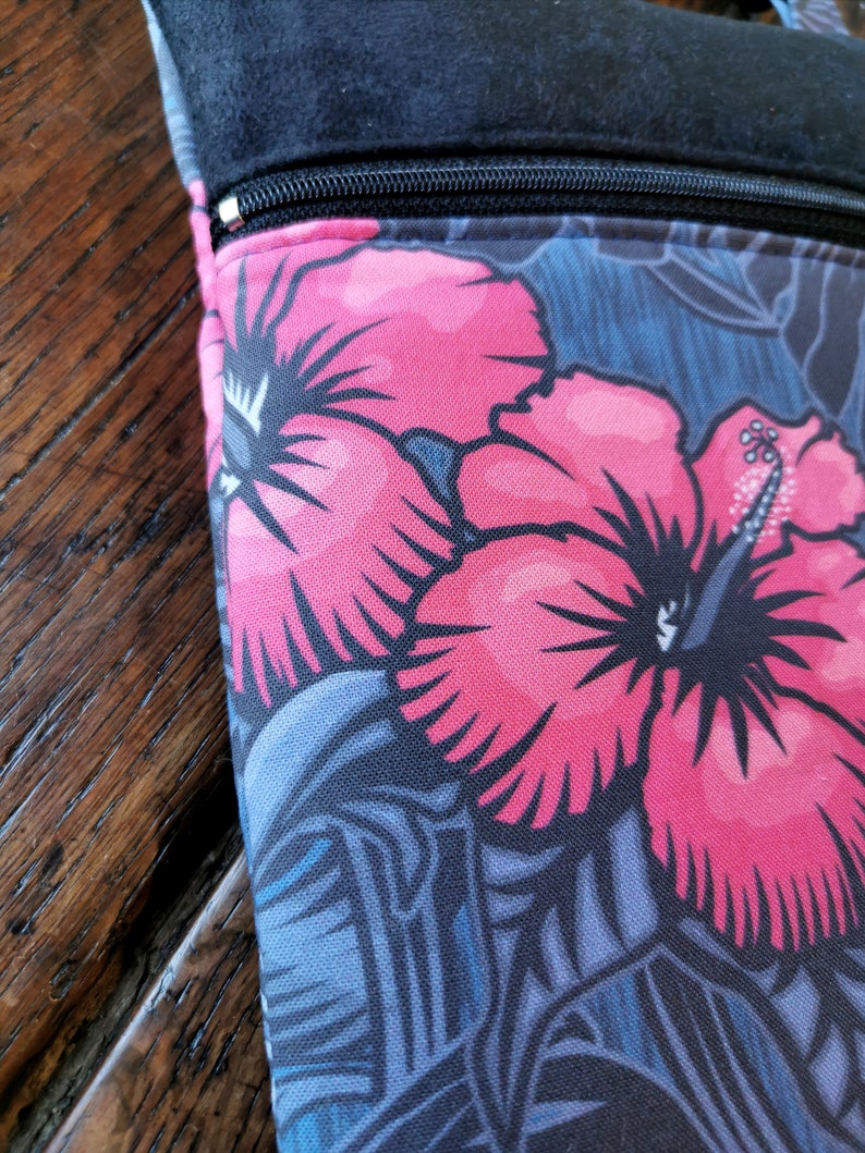 Messenger bag leather shoulder strap hibiscus and carnivorous plants