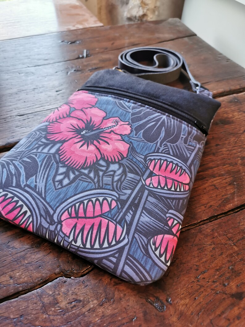 Messenger bag leather shoulder strap hibiscus and carnivorous plants