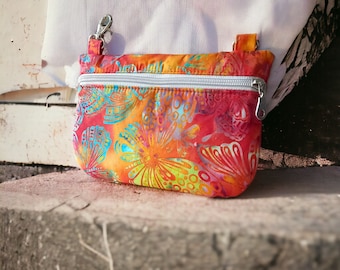 Hipbag batik butterflies and bright pink orange colors, carabiner belt bag, fanny pack