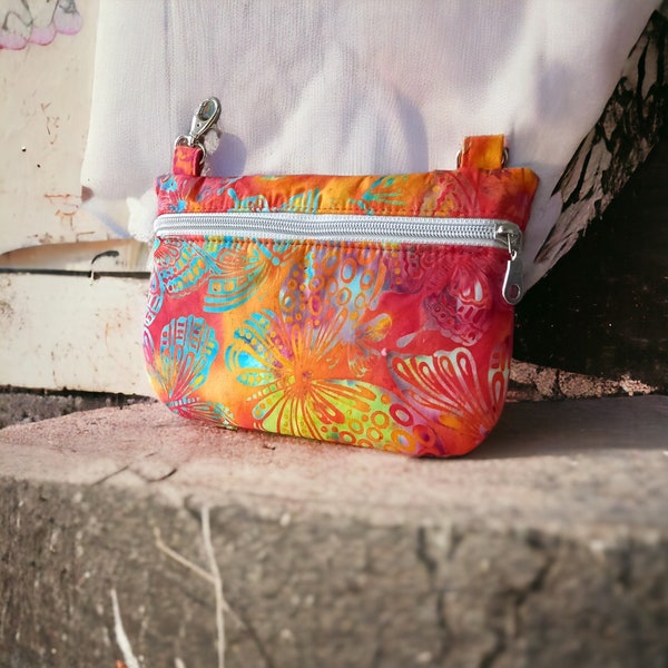 Hipbag batik butterflies and bright pink orange colors, carabiner belt bag, fanny pack