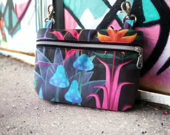 Magic Mushrooms hip bag, mushroom and luminous flora fabric, carabiner belt bag, fanny pack