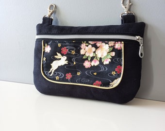 Black suede hip bag, Japanese fabric with gold white flowers and rabbit, carabiner belt bag, fanny pack, large phone case