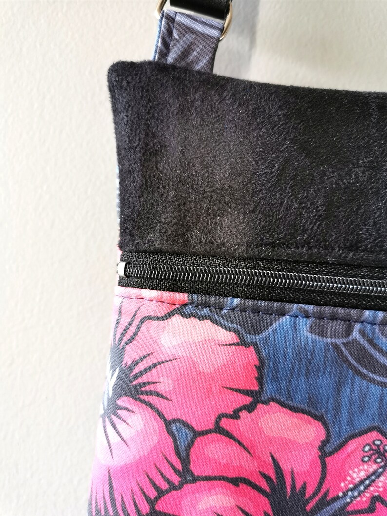 Messenger bag leather shoulder strap hibiscus and carnivorous plants