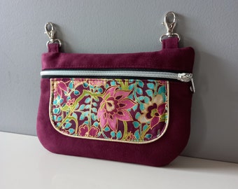 Purple/aubergine suede hip bag, gold fabric and multicolored flowers, carabiner belt bag, fanny pack