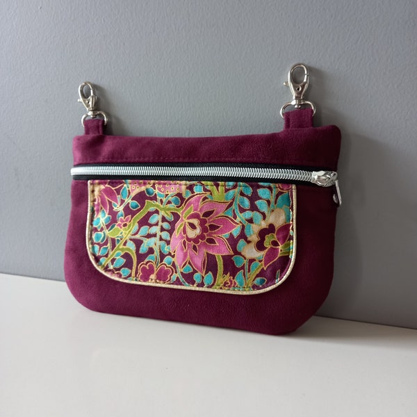 Purple/aubergine suede hip bag, gold fabric and multicolored flowers, carabiner belt bag, fanny pack