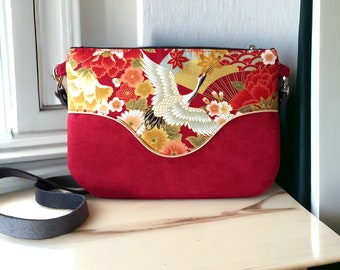 Red suede Pils bag, Japanese gold tsuru crane fabric and flowers, leather shoulder strap