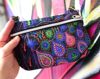 Psychedelic hipbag multicolored patterns, UV blacklight, carabiner belt bag, rave party fanny pack