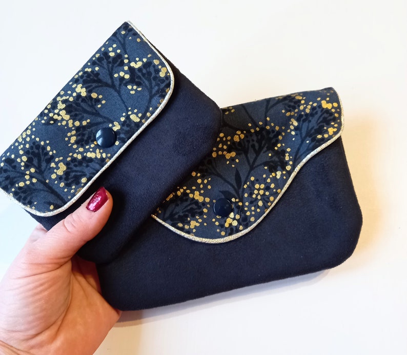 Duo of black pouches, suede and gold floral fabric image 2