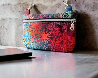Multicolored batik hipbag, bright colors, carabiner belt bag, fanny pack
