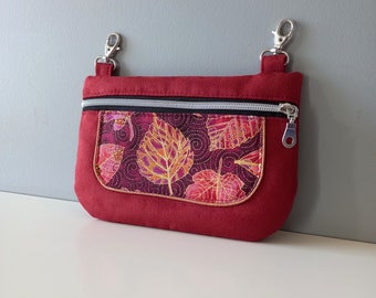 Hip bag brick red suede, gold fabric or autumn leaves, carabiner belt bag, fanny pack