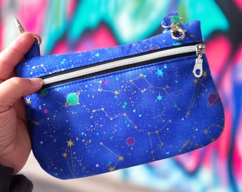 Blue hipbag with golden constellations, planets and stars, carabiner belt bag, fanny pack