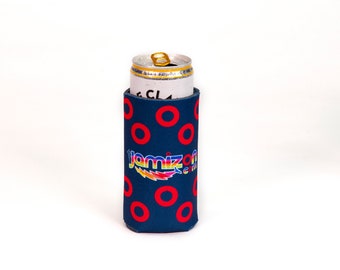 May include: A blue can cooler with a red donut pattern and the text "Jamiz on" in rainbow colors.