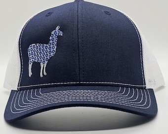 Gorra de camionero de llama: plateada y azul marino sobre fondo azul marino/blanco