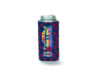 May include: A blue and red can cooler with a donut pattern and the text "Jamba Juice" in rainbow colors.