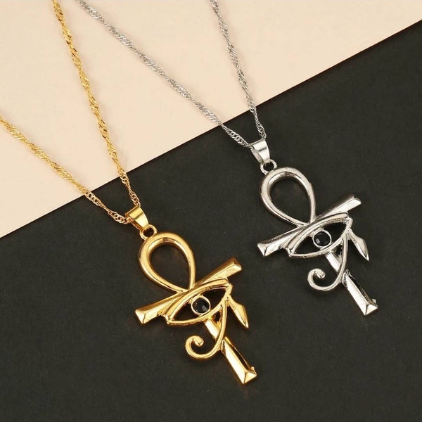 Ankh and Eye Key of Life Pendant. In gold & silver colour. Eye of Horus and Ankh duo Pendant Necklaces