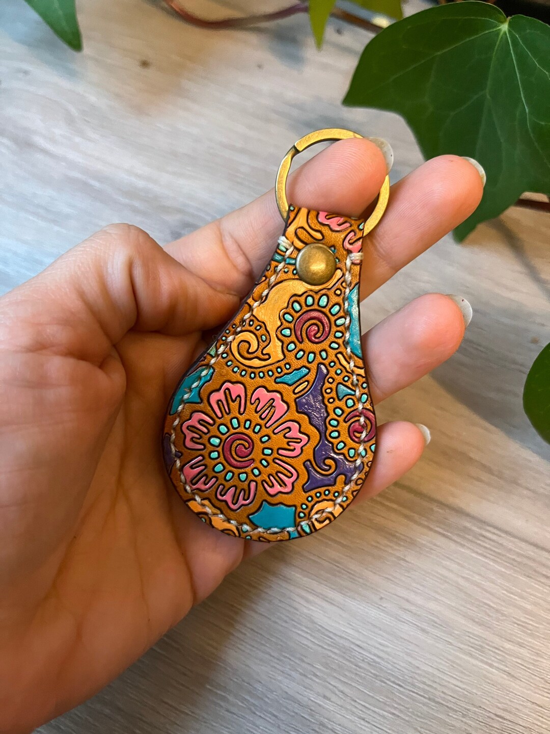 Hand Tooled Leather Keychain _unique Boho Floral Pattern _cute Etsy