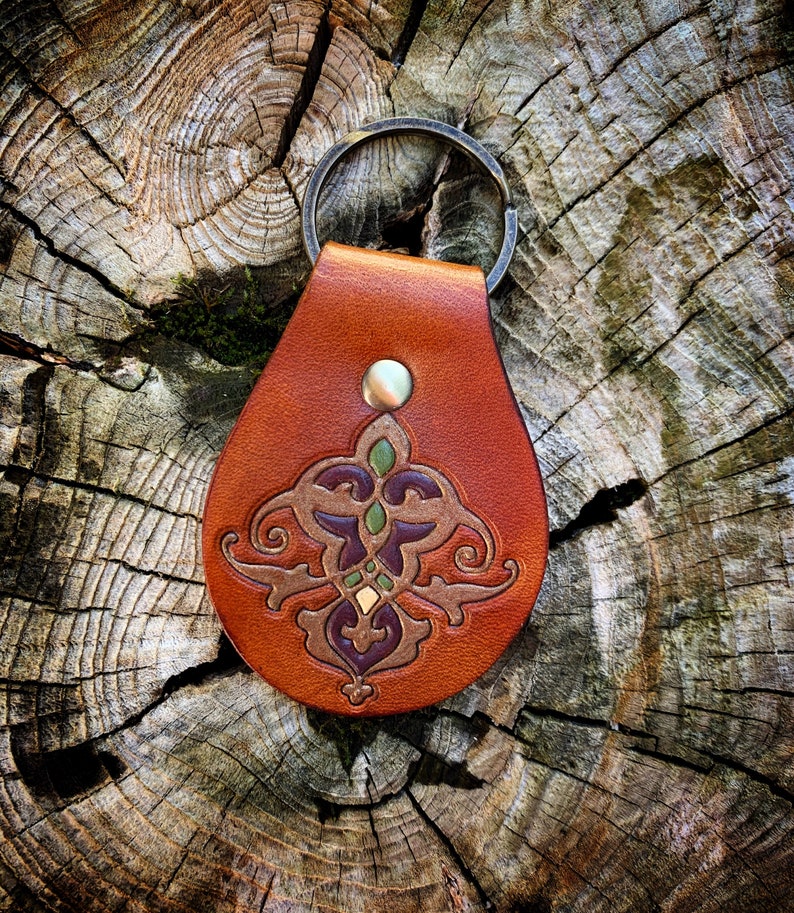 Leather Keychain Hand Painted Embossed Full Grain Leather Etsy