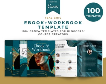 Paquete de plantillas para cuadernos de trabajo de cursos Teal Chic, libro electrónico editable y kit de listas de verificación para entrenadores.
