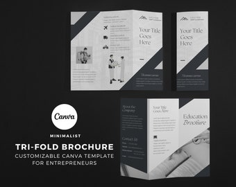 Puede incluir: Una plantilla de folleto tríptico en blanco y negro para emprendedores. La portada presenta una ilustración en blanco y negro de una persona sosteniendo un libro. El folleto incluye el texto "Education Brochure" y "Your Title Goes Here".
